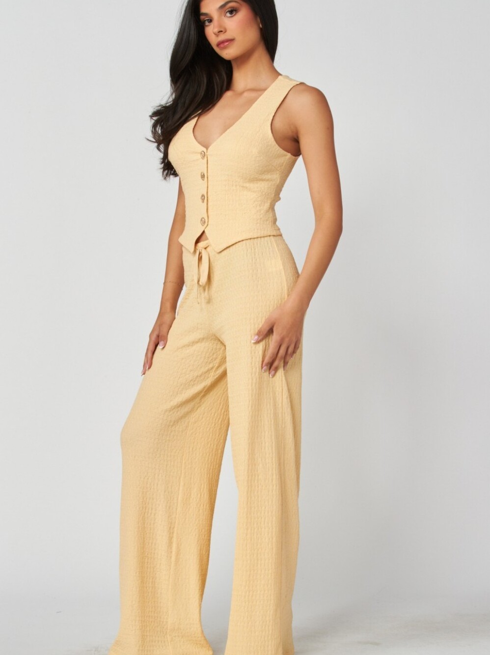 Yellow Butter Sleeveless Waffle-Knit Pantsuit